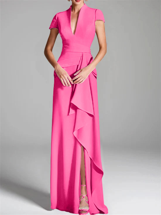 V-Neck Short-Sleeve Floor-Length Mother of the Bride Gown with Side Split-BMbridal