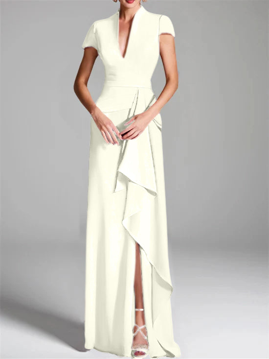 V-Neck Short-Sleeve Floor-Length Mother of the Bride Gown with Side Split-BMbridal