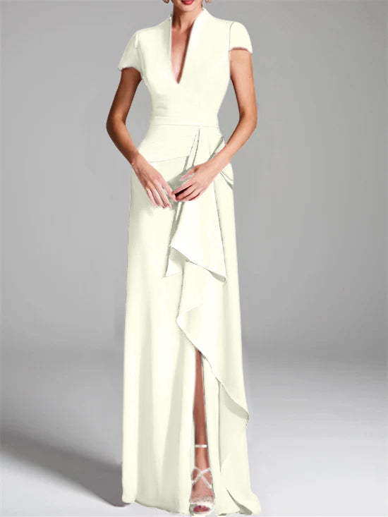 V-Neck Short-Sleeve Floor-Length Mother of the Bride Gown with Side Split-BMbridal