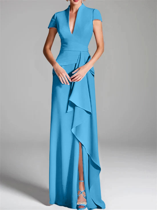 V-Neck Short-Sleeve Floor-Length Mother of the Bride Gown with Side Split-BMbridal