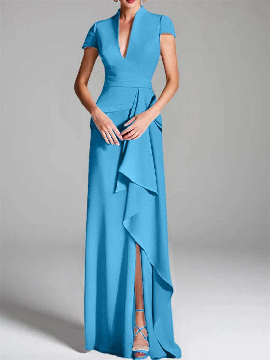 V-Neck Short-Sleeve Floor-Length Mother of the Bride Gown with Side Split-BMbridal