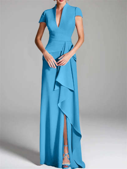 V-Neck Short-Sleeve Floor-Length Mother of the Bride Gown with Side Split-BMbridal