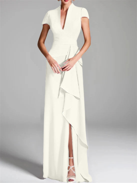 V-Neck Short-Sleeve Floor-Length Mother of the Bride Gown with Side Split-BMbridal