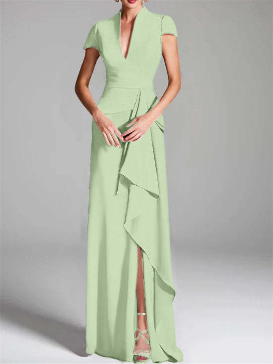 V-Neck Short-Sleeve Floor-Length Mother of the Bride Gown with Side Split-BMbridal