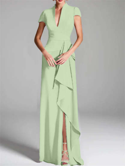 V-Neck Short-Sleeve Floor-Length Mother of the Bride Gown with Side Split-BMbridal