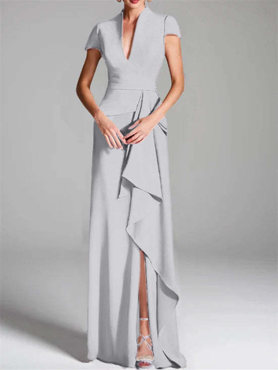 V-Neck Short-Sleeve Floor-Length Mother of the Bride Gown with Side Split-BMbridal