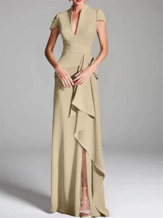 V-Neck Short-Sleeve Floor-Length Mother of the Bride Gown with Side Split-BMbridal