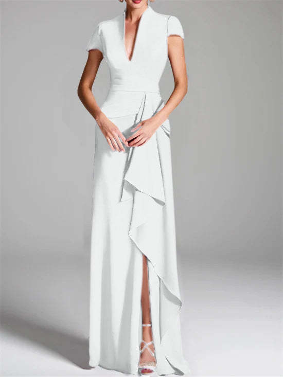 V-Neck Short-Sleeve Floor-Length Mother of the Bride Gown with Side Split-BMbridal