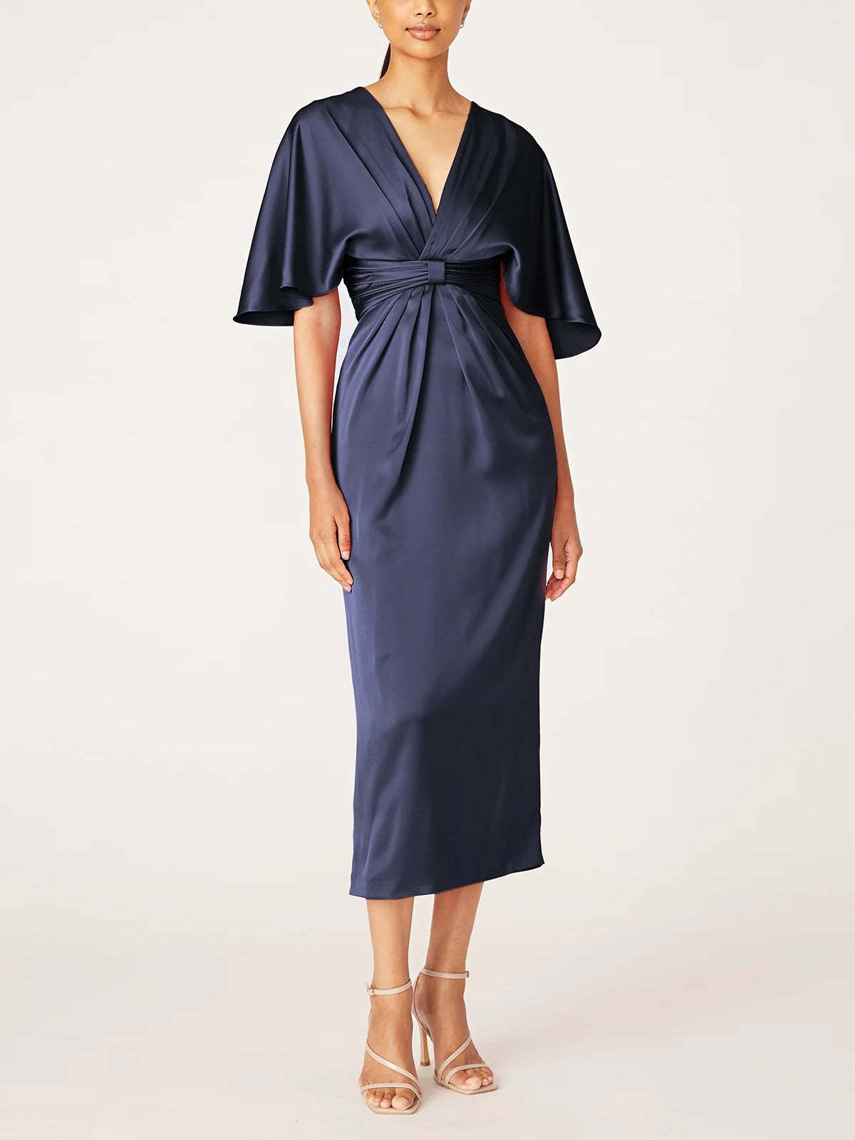 V-Neck Half-Sleeve Tea-Length Sheath Dress with Ruffles for the Mother of the Bride-BMbridal