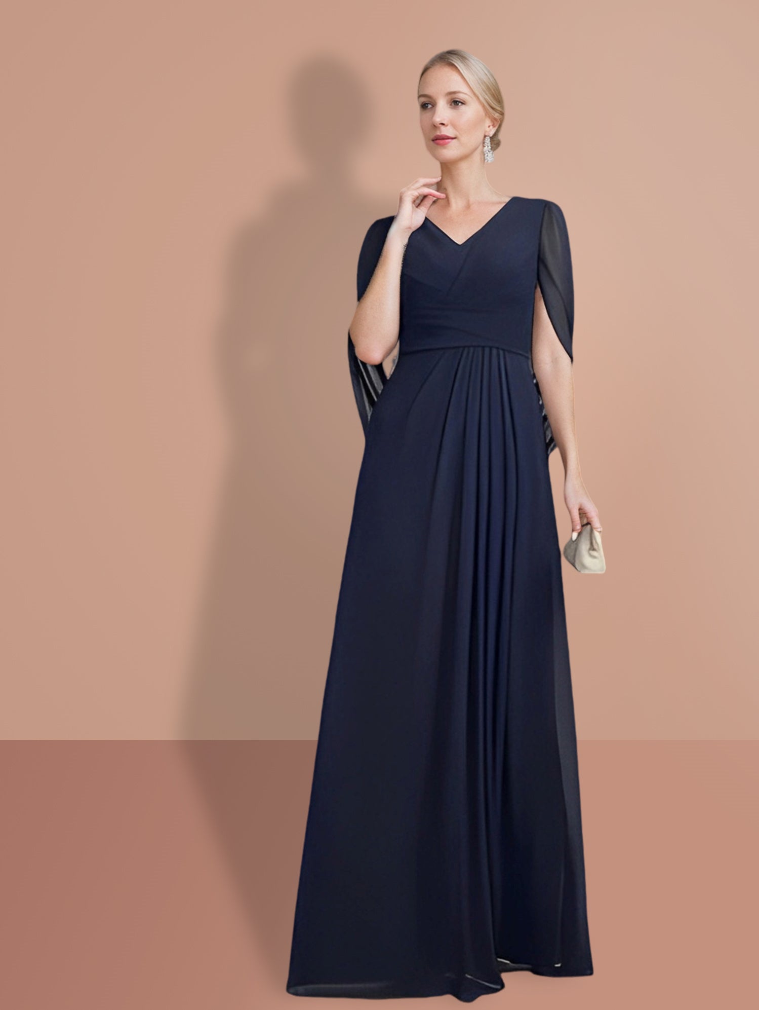 V-Neck A-Line Princess Mother of the Bride Dress with Half Sleeves-BMbridal