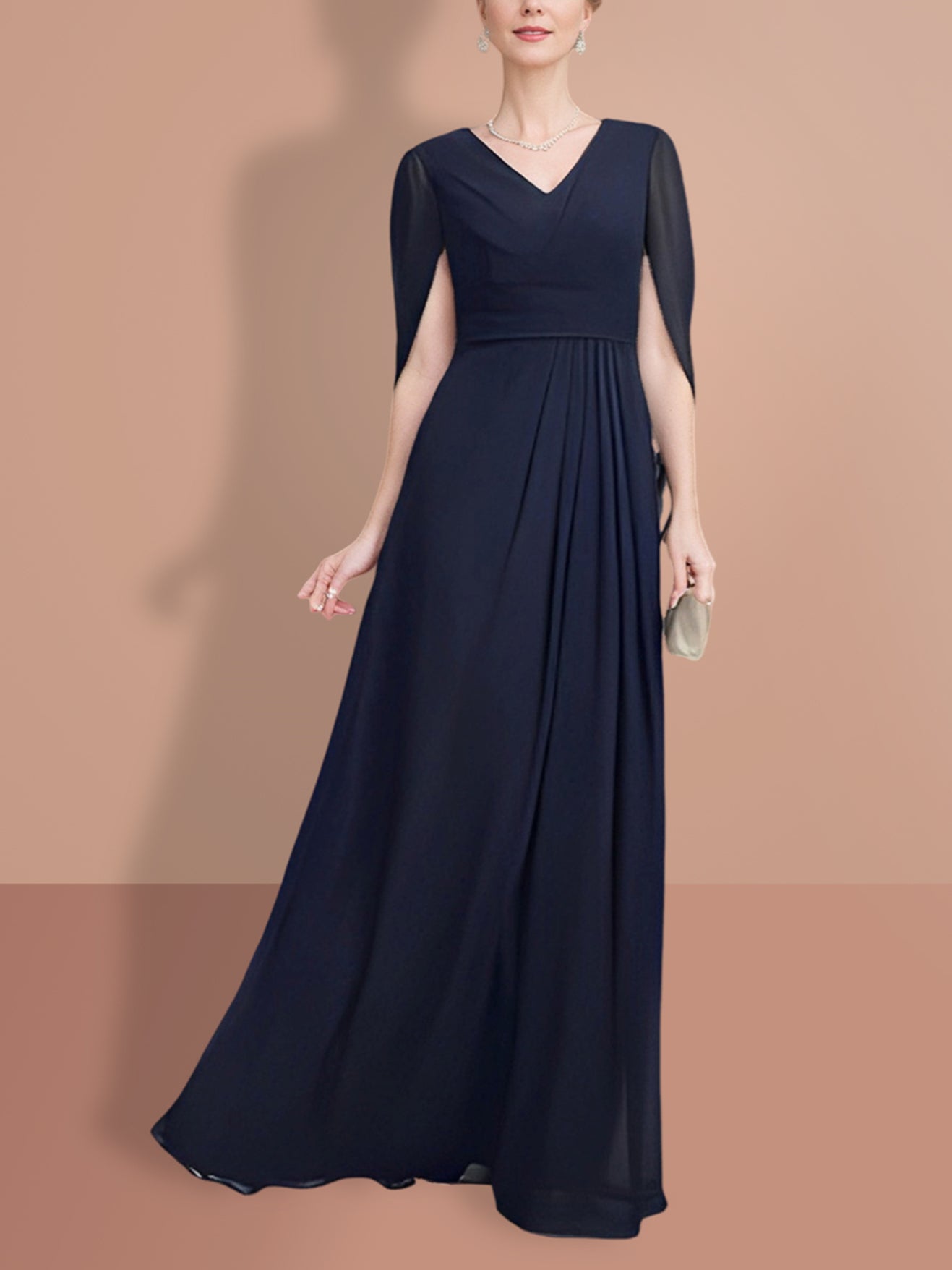 V-Neck A-Line Princess Mother of the Bride Dress with Half Sleeves-BMbridal