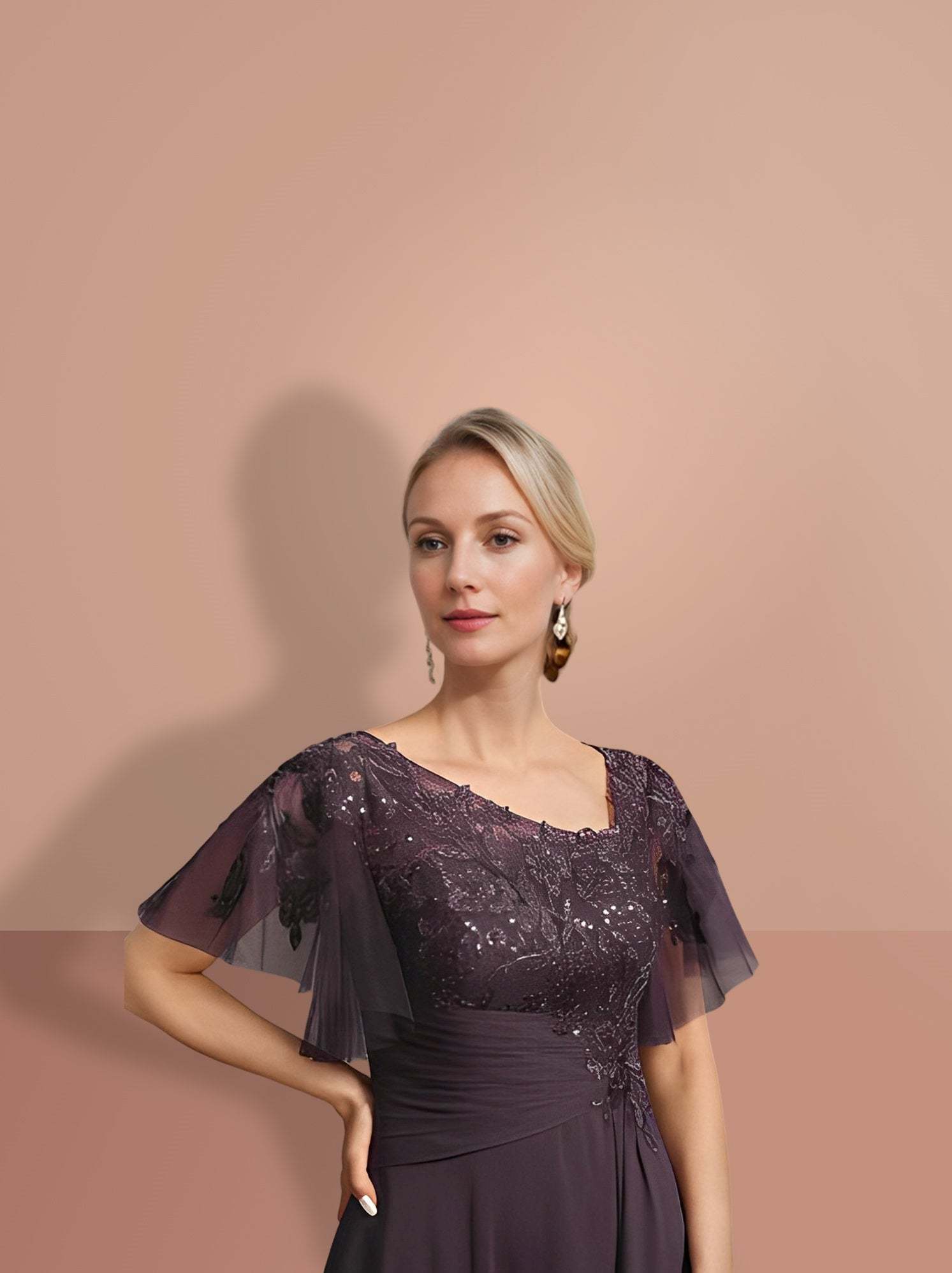 Short-Sleeve A-Line Princess Mother of the Bride Dress with Asymmetrical Design