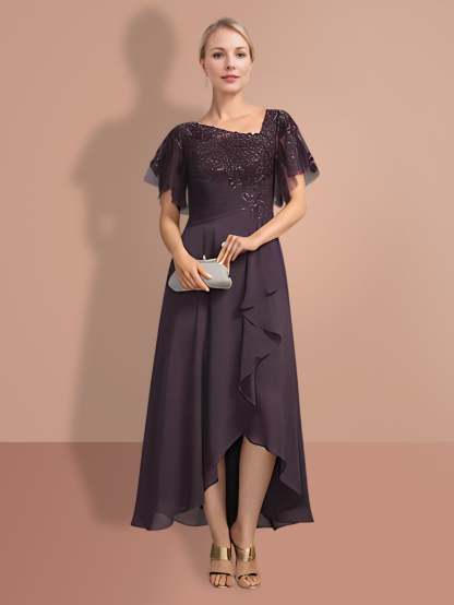 Short-Sleeve A-Line Princess Mother of the Bride Dress with Asymmetrical Design