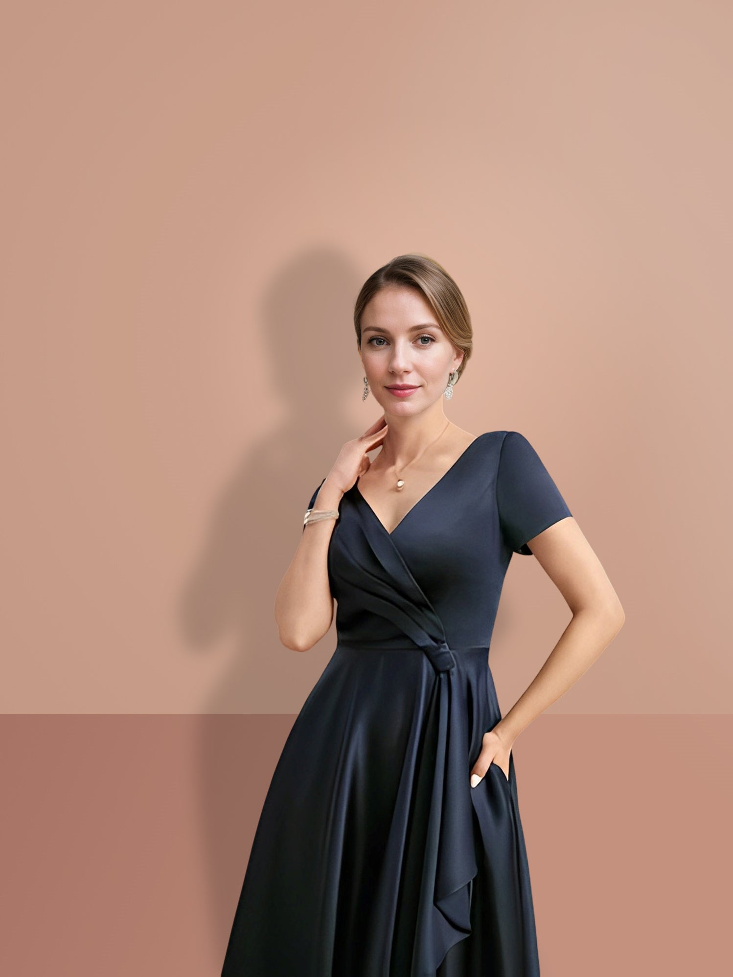V-Neck A-Line Princess Short-Sleeve Mother of the Bride Dress-BMbridal