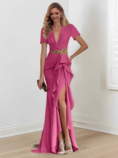 V-Neck Floor-Length Mermaid/Trumpet Mother of the Bride Dresses with Ruffles-BMbridal