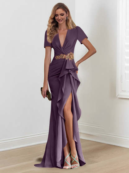 V-Neck Floor-Length Mermaid/Trumpet Mother of the Bride Dresses with Ruffles-BMbridal
