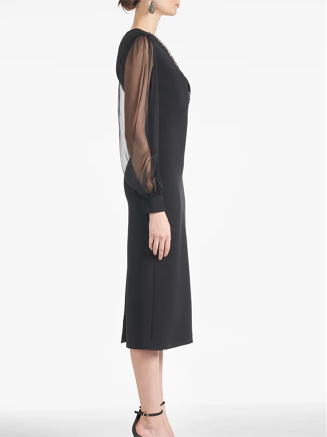 V-Neck Tea-Length Mother of the Bride Sheath/Column Dresses-BMbridal