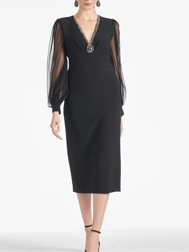 V-Neck Tea-Length Mother of the Bride Sheath/Column Dresses-BMbridal