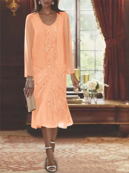 2-Piece V-Neck Chiffon Mother of the Bride Dress Set with Knee-Length Jacket and Sequins-BMbridal