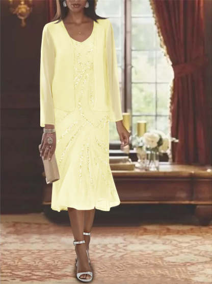 2-Piece V-Neck Chiffon Mother of the Bride Dress Set with Knee-Length Jacket and Sequins-BMbridal