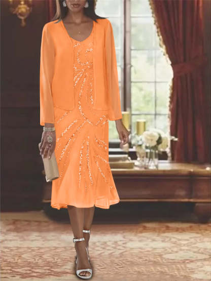 2-Piece V-Neck Chiffon Mother of the Bride Dress Set with Knee-Length Jacket and Sequins-BMbridal