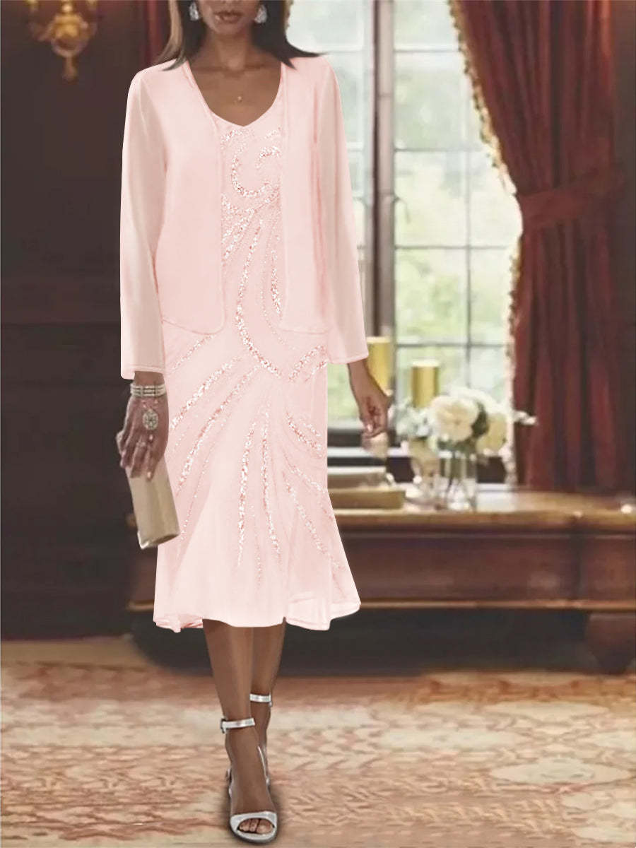 2-Piece V-Neck Chiffon Mother of the Bride Dress Set with Knee-Length Jacket and Sequins-BMbridal