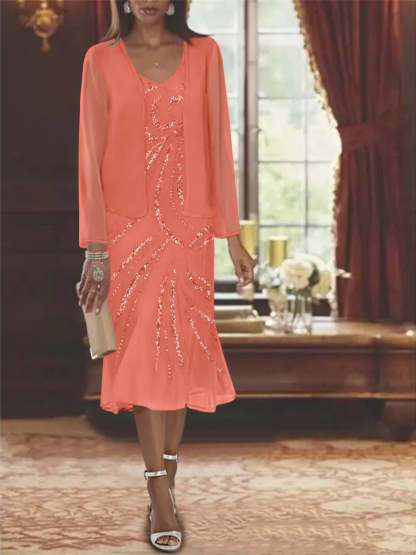 2-Piece V-Neck Chiffon Mother of the Bride Dress Set with Knee-Length Jacket and Sequins-BMbridal