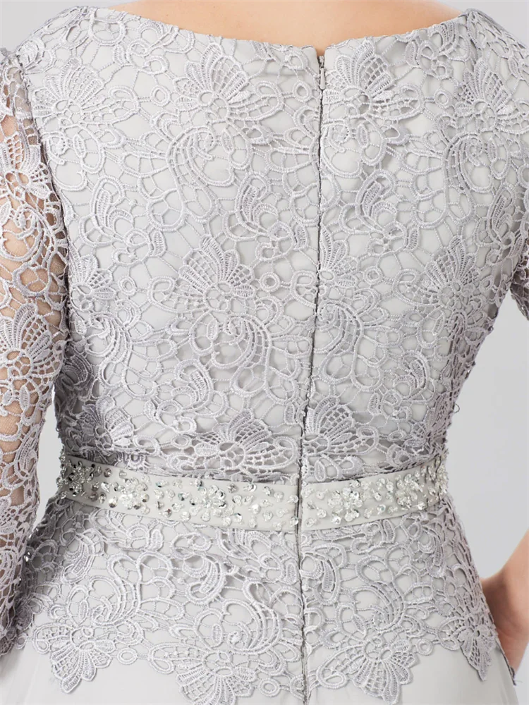 Floor-Length A-Line Princess Gown with Round Neck and 3/4 Sleeves Embellished with Applique & Sequins-BMbridal