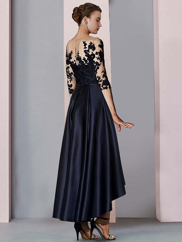 Asymmetrical Tea-Length A-Line/Princess Mother of the Bride Dresses with Illusion-Neck-BMbridal