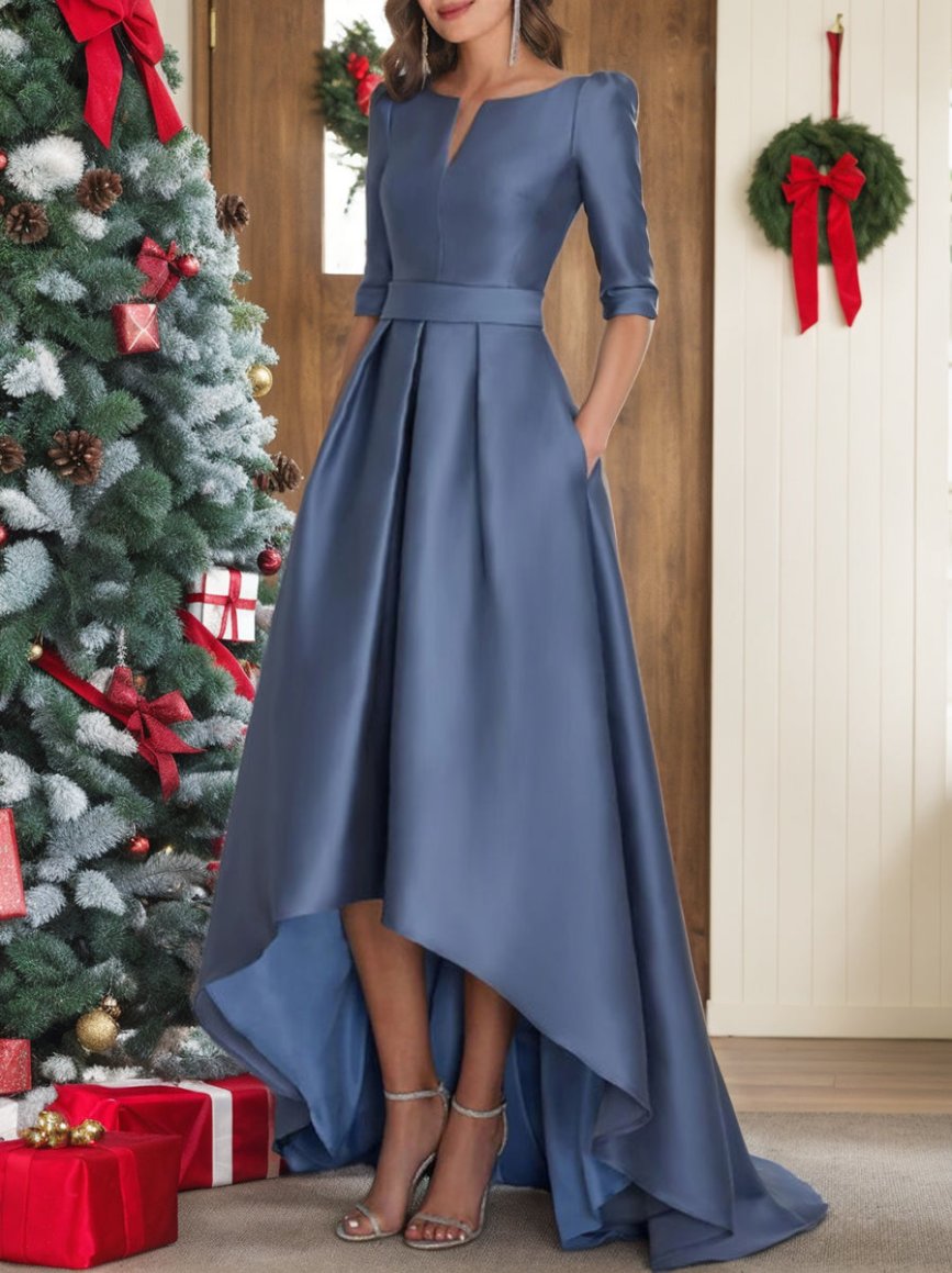 Asymmetrical A-Line Princess Mother of the Bride Dresses with Half Sleeves and Pockets-BMbridal