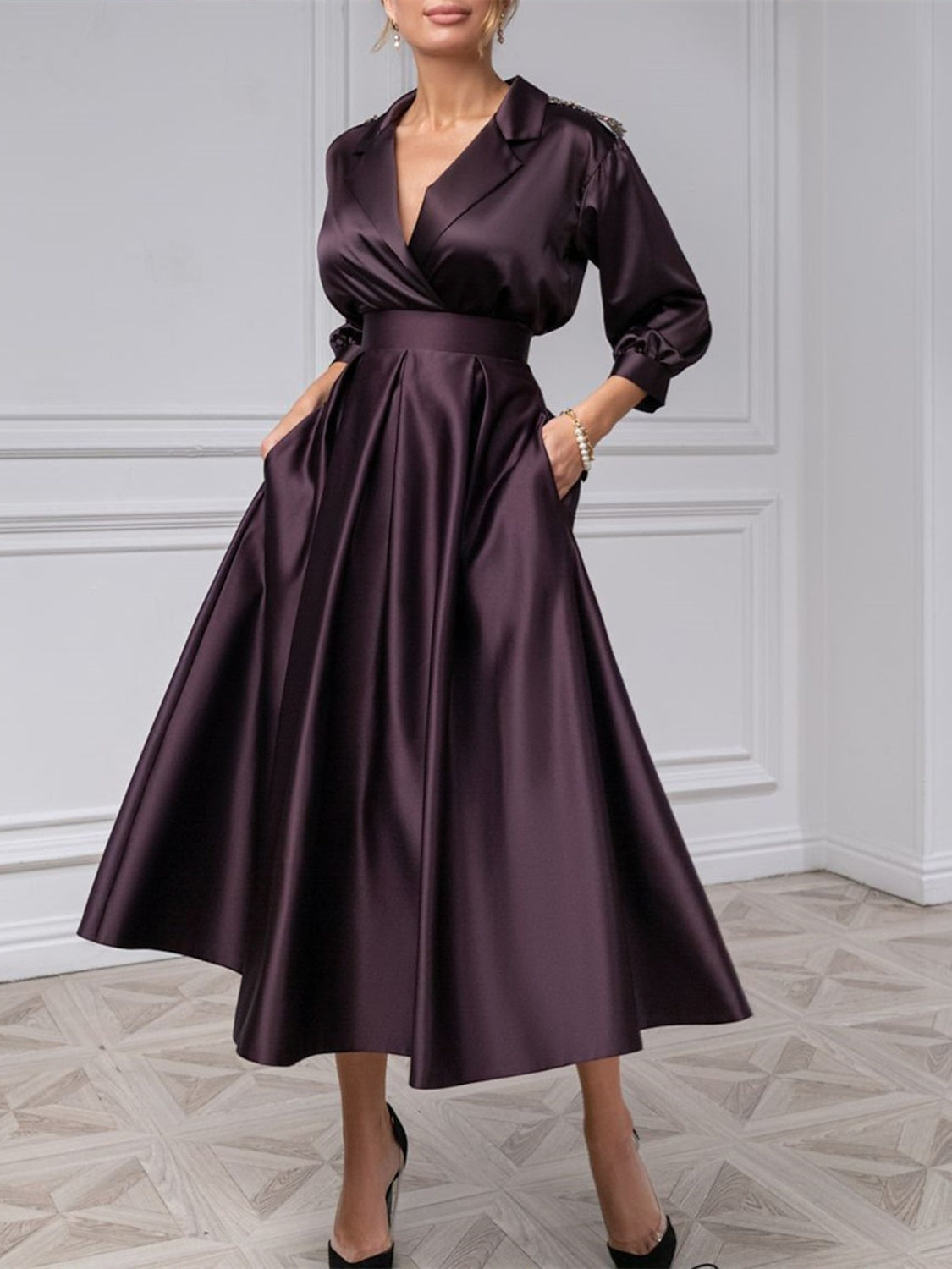 V-Neck A-Line Princess Gown with 3/4 Sleeves and Beading for the Mother of the Bride-BMbridal