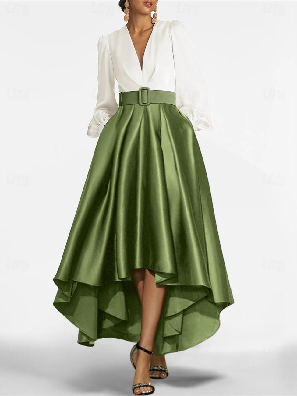 V-Neck A-Line Princess Asymmetrical Mother of the Bride Dress with Belt-BMbridal