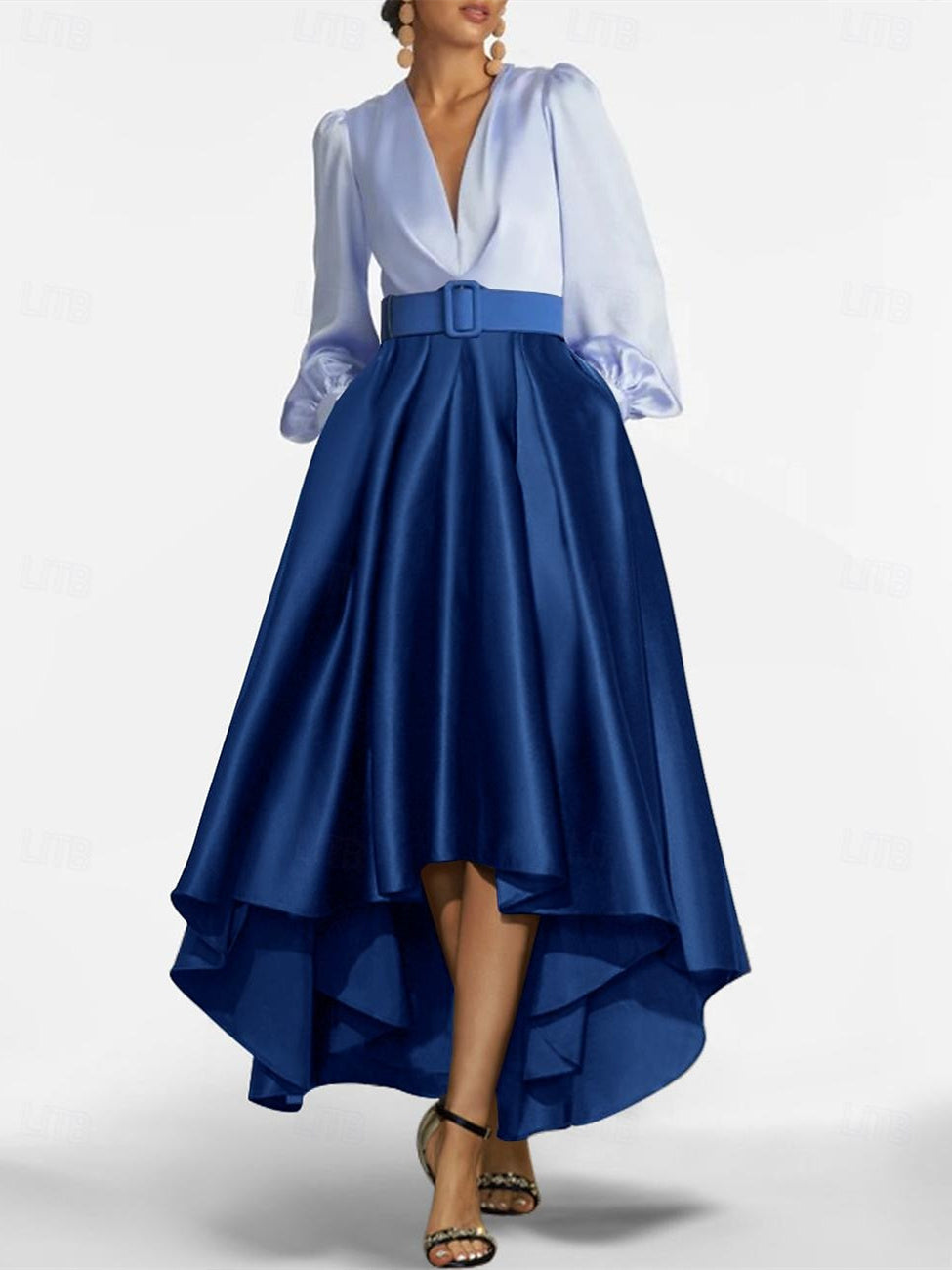 V-Neck A-Line Princess Asymmetrical Mother of the Bride Dress with Belt-BMbridal