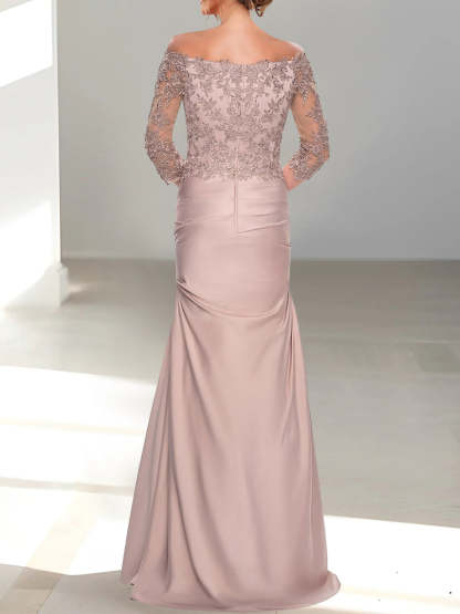 Mermaid/Trumpet Off-the-Shoulder Mother of the Bride Dress with 3/4 Sleeves and Beading-BMbridal