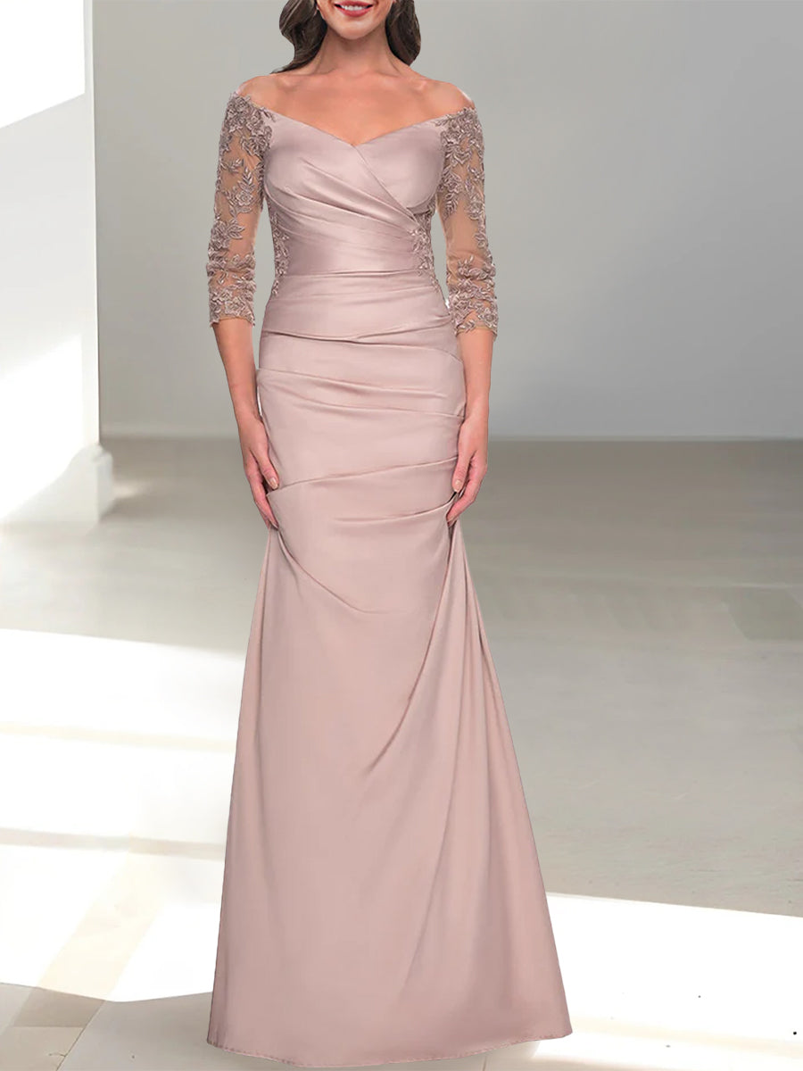 Mermaid/Trumpet Off-the-Shoulder Mother of the Bride Dress with 3/4 Sleeves and Beading-BMbridal