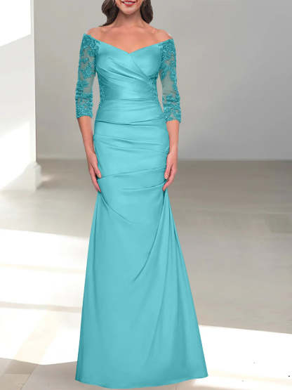 Mermaid/Trumpet Off-the-Shoulder Mother of the Bride Dress with 3/4 Sleeves and Beading-BMbridal
