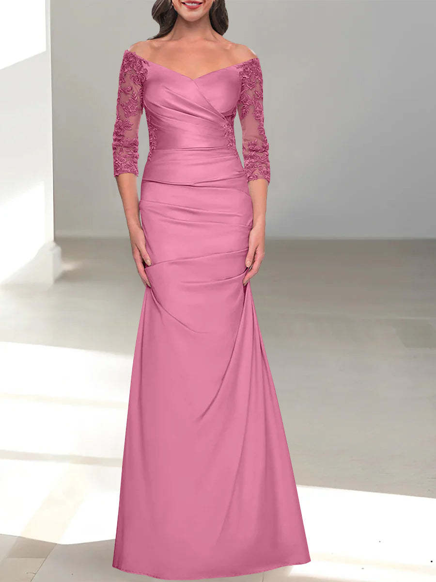 Mermaid/Trumpet Off-the-Shoulder Mother of the Bride Dress with 3/4 Sleeves and Beading-BMbridal