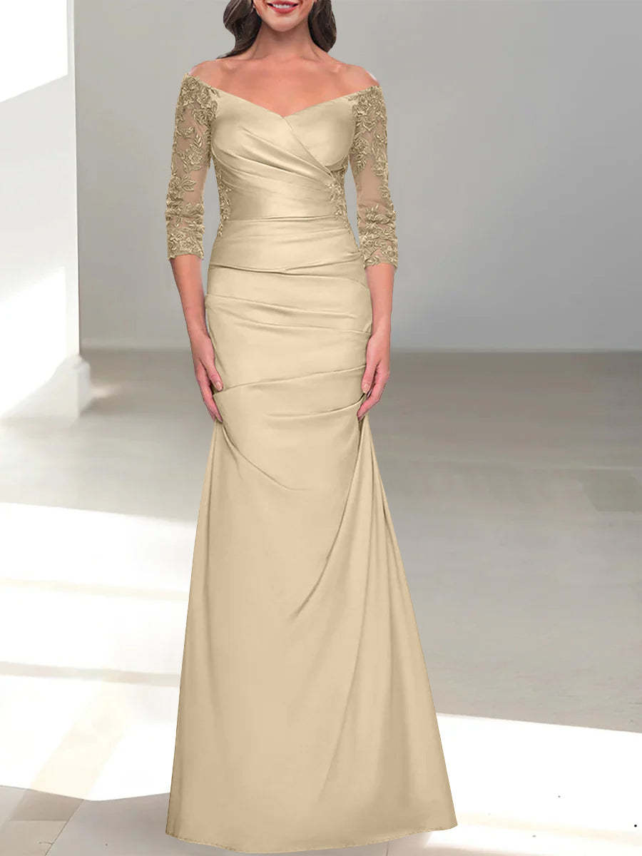 Mermaid/Trumpet Off-the-Shoulder Mother of the Bride Dress with 3/4 Sleeves and Beading-BMbridal
