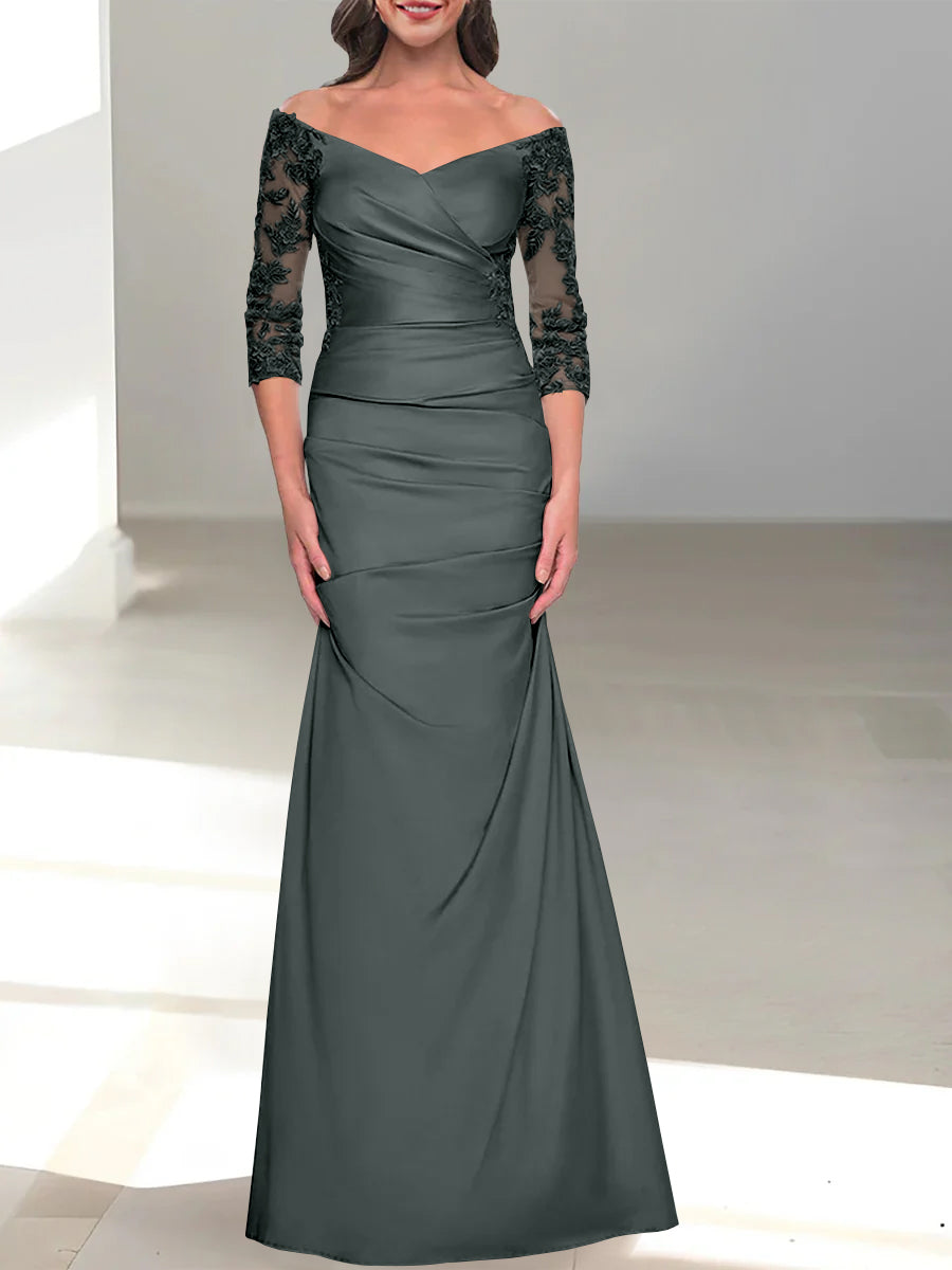 Mermaid/Trumpet Off-the-Shoulder Mother of the Bride Dress with 3/4 Sleeves and Beading-BMbridal