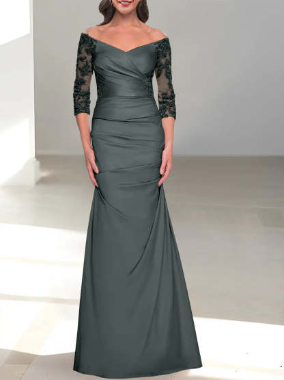 Mermaid/Trumpet Off-the-Shoulder Mother of the Bride Dress with 3/4 Sleeves and Beading-BMbridal