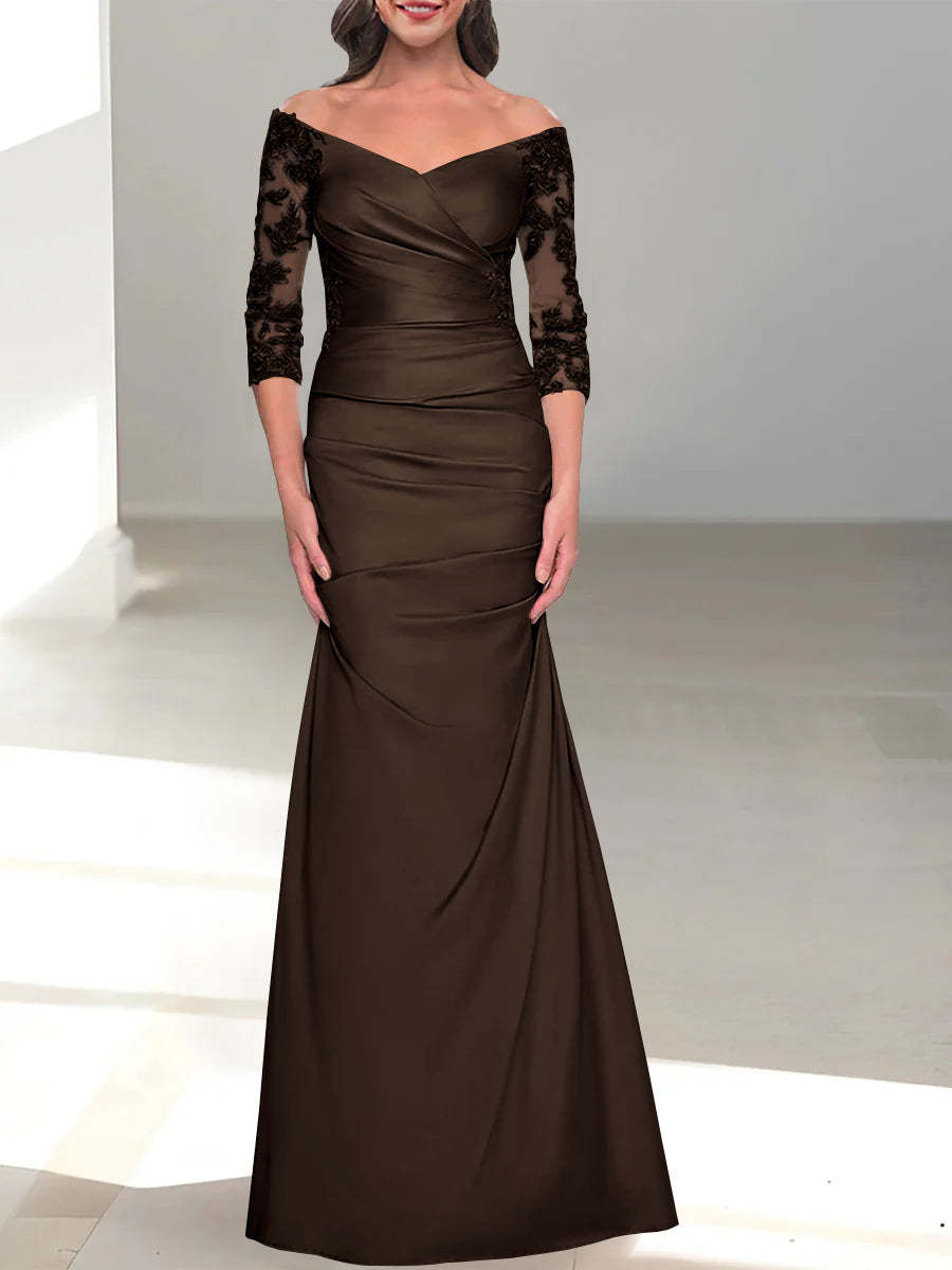 Mermaid/Trumpet Off-the-Shoulder Mother of the Bride Dress with 3/4 Sleeves and Beading-BMbridal