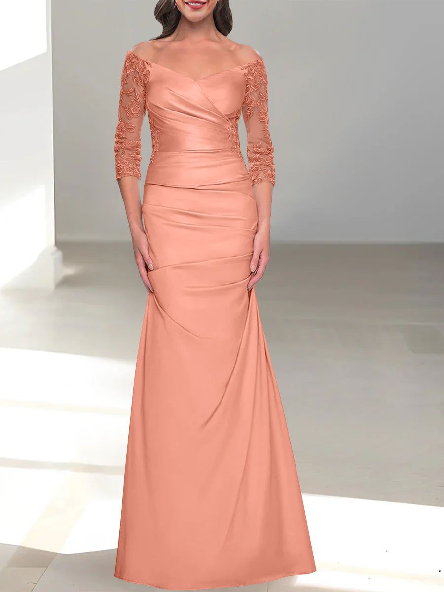 Mermaid/Trumpet Off-the-Shoulder Mother of the Bride Dress with 3/4 Sleeves and Beading-BMbridal