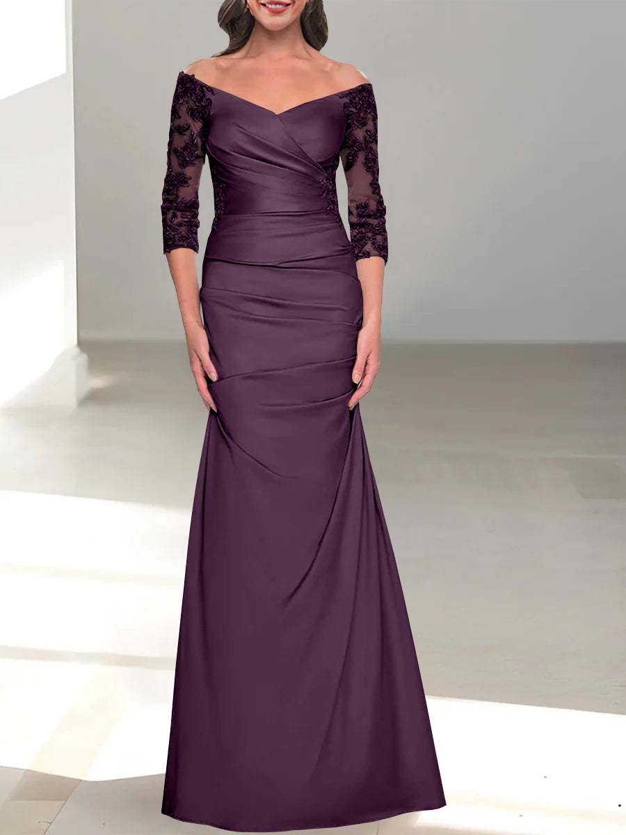 Mermaid/Trumpet Off-the-Shoulder Mother of the Bride Dress with 3/4 Sleeves and Beading-BMbridal