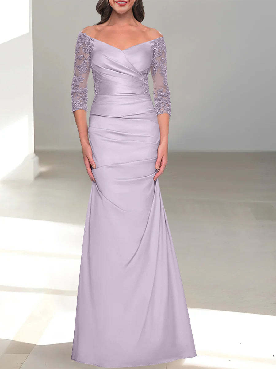 Mermaid/Trumpet Off-the-Shoulder Mother of the Bride Dress with 3/4 Sleeves and Beading-BMbridal