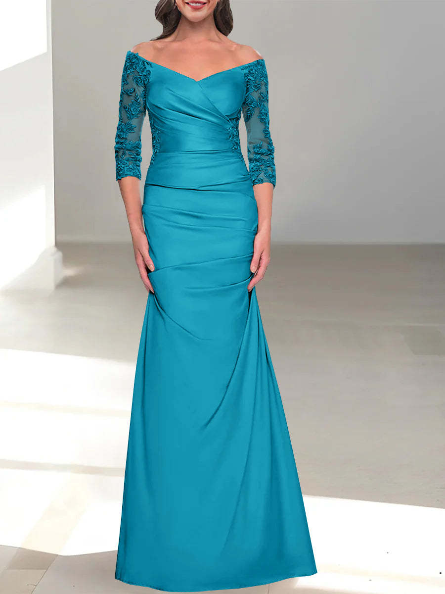 Mermaid/Trumpet Off-the-Shoulder Mother of the Bride Dress with 3/4 Sleeves and Beading-BMbridal