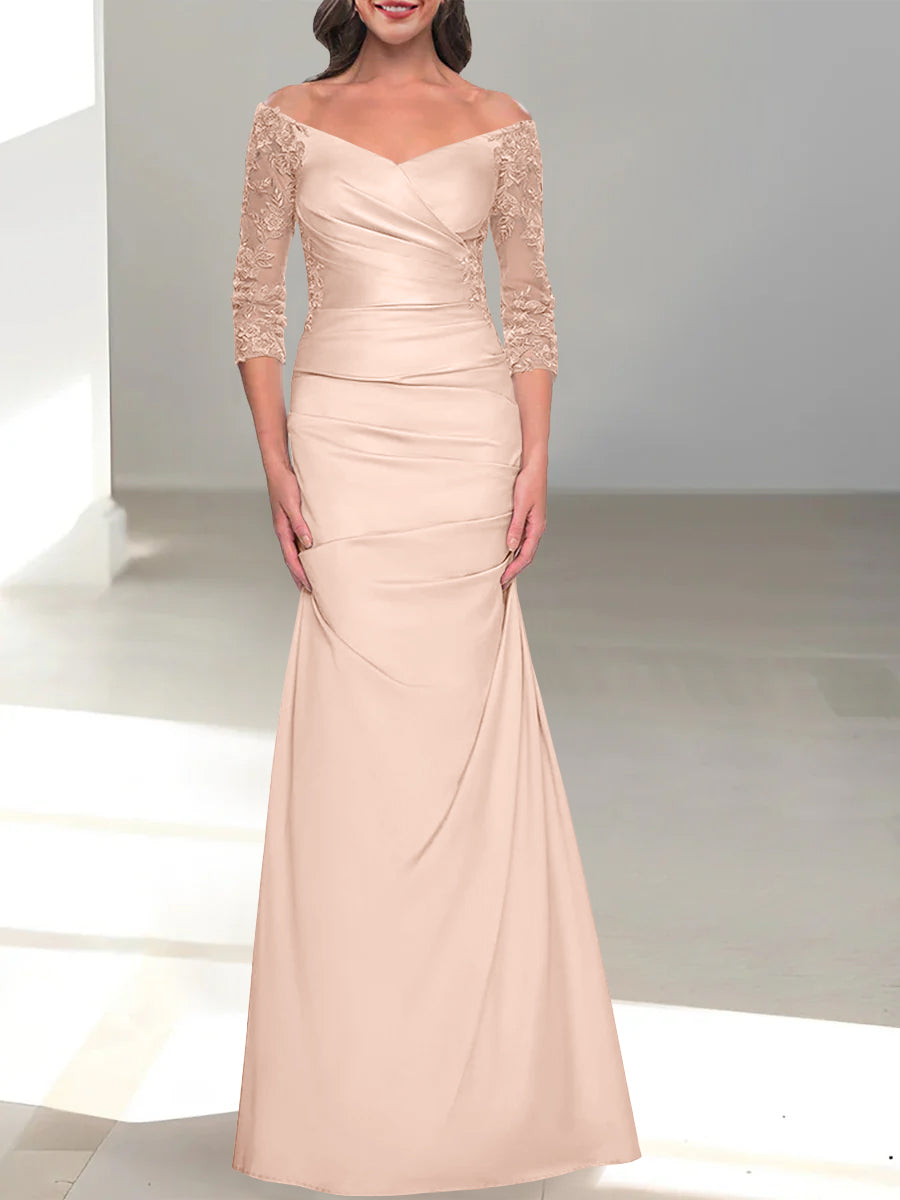 Mermaid/Trumpet Off-the-Shoulder Mother of the Bride Dress with 3/4 Sleeves and Beading-BMbridal