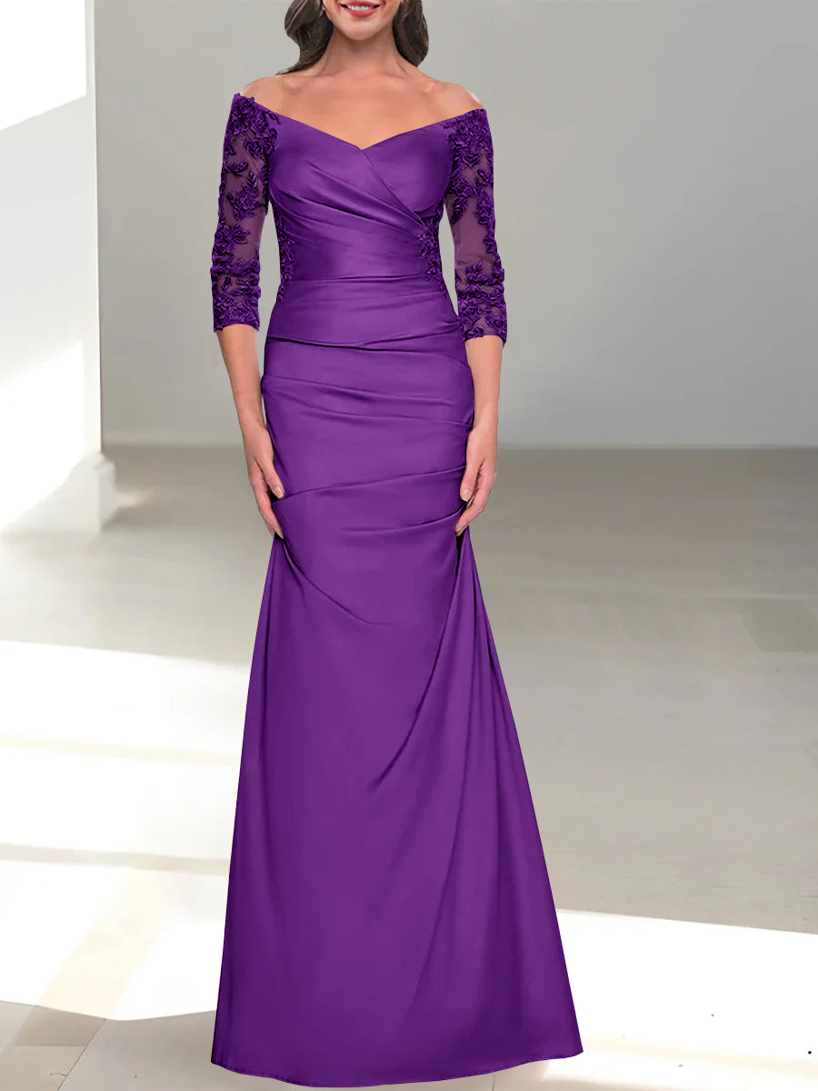 Mermaid/Trumpet Off-the-Shoulder Mother of the Bride Dress with 3/4 Sleeves and Beading-BMbridal