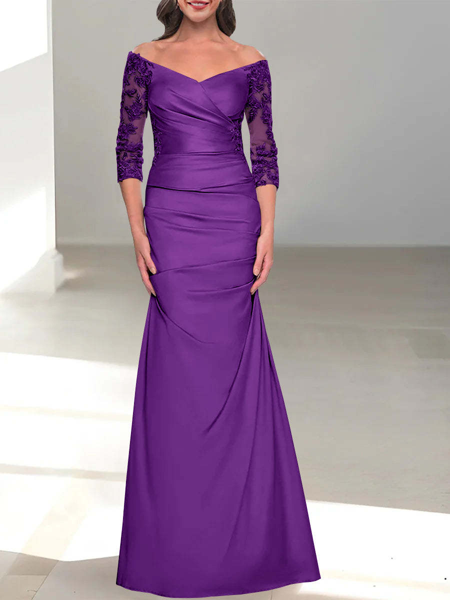 Mermaid/Trumpet Off-the-Shoulder Mother of the Bride Dress with 3/4 Sleeves and Beading-BMbridal