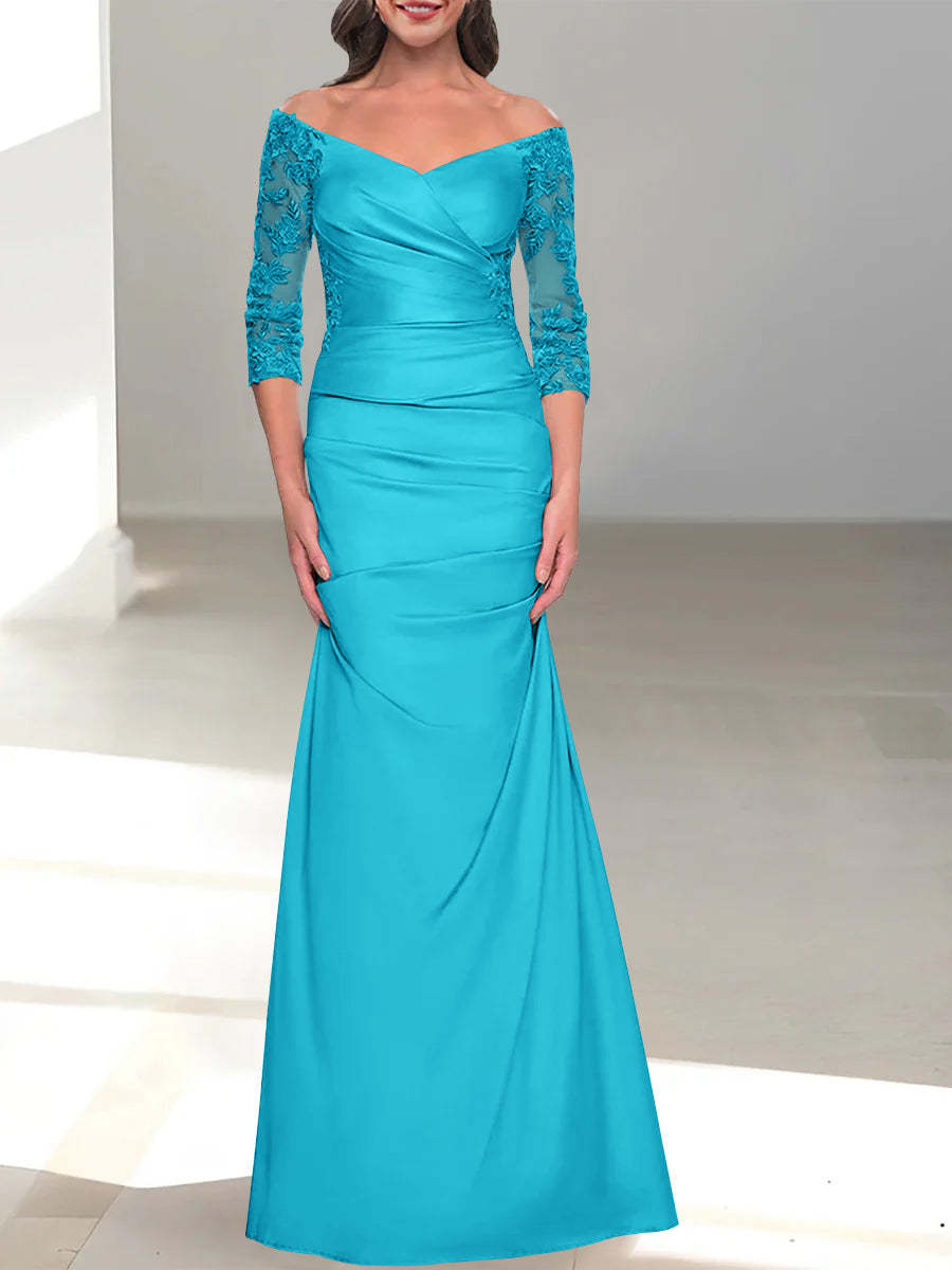 Mermaid/Trumpet Off-the-Shoulder Mother of the Bride Dress with 3/4 Sleeves and Beading-BMbridal
