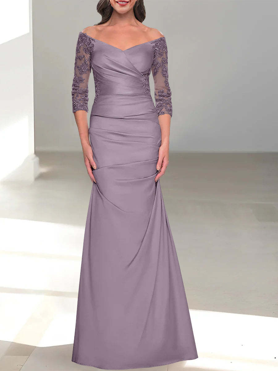 Mermaid/Trumpet Off-the-Shoulder Mother of the Bride Dress with 3/4 Sleeves and Beading-BMbridal